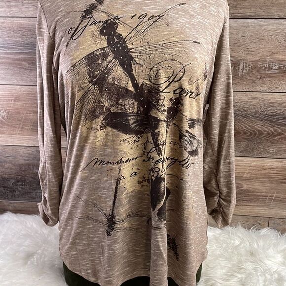 Kim Rogers Ladies 3/4 Sleeve Pullover Top Embellished Butterfly Print Brown Sz L - Picture 3 of 10